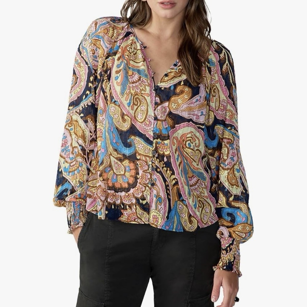 Sanctuary Blouse Top Womens Small Paisley Multi Semi Sheer Balloon Long Sleeve